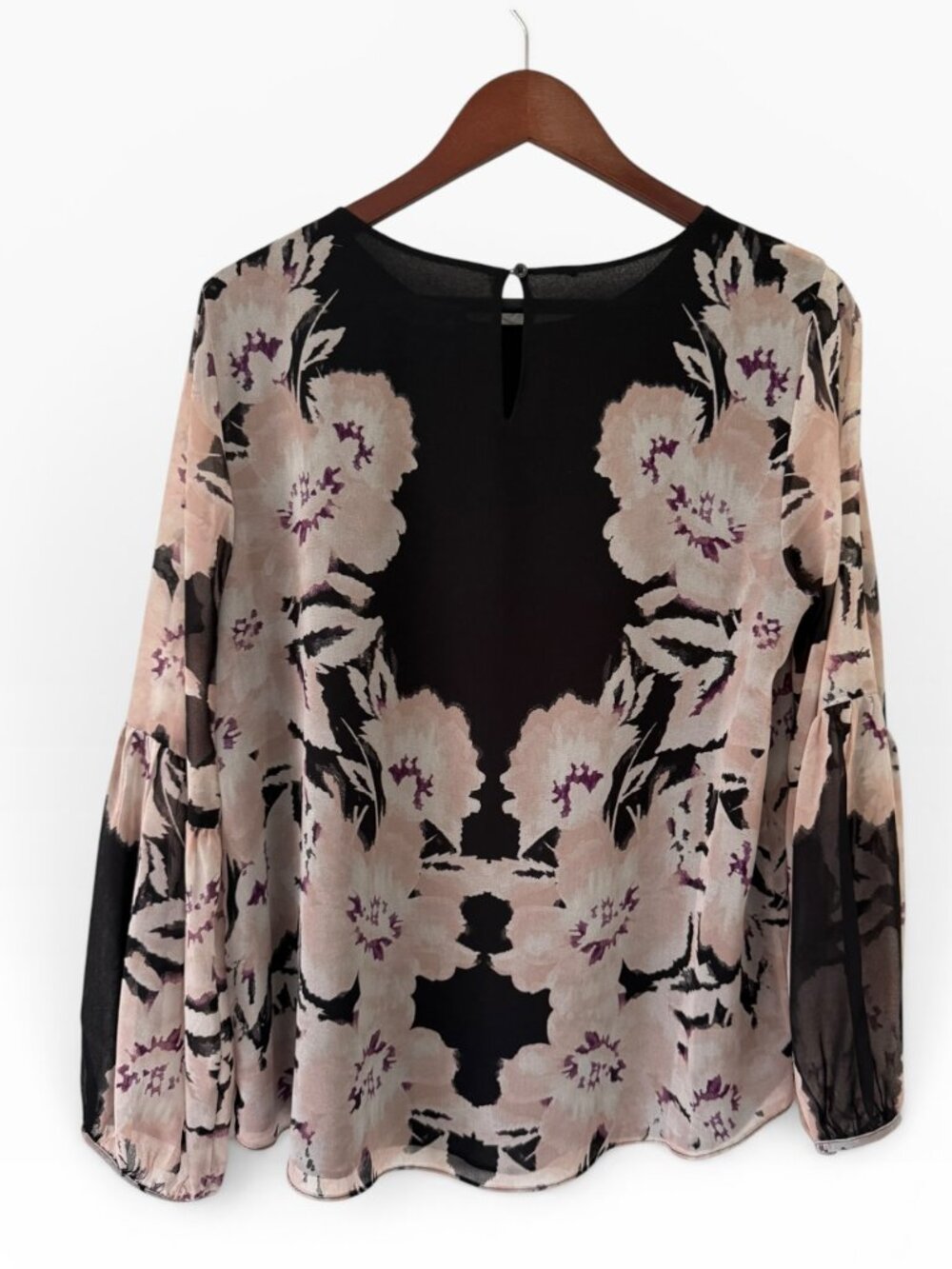 Calvin Klein Floral Sheer Blouse – Long Sleeve Top- M- pink/black/white/purple